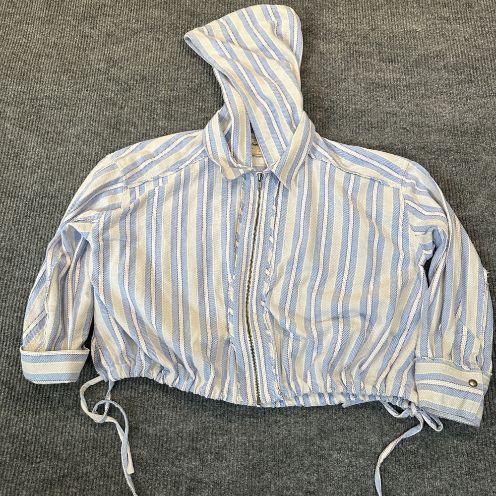 We The Free Striped Hooded Jacket Small Blue White Cropped Drawstring Hem